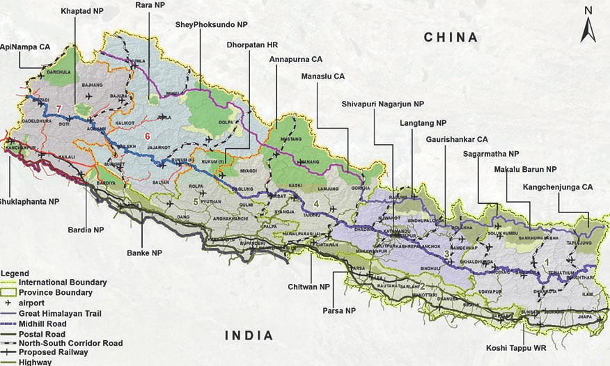 Mapa de Nepal con carreteras y autopistas